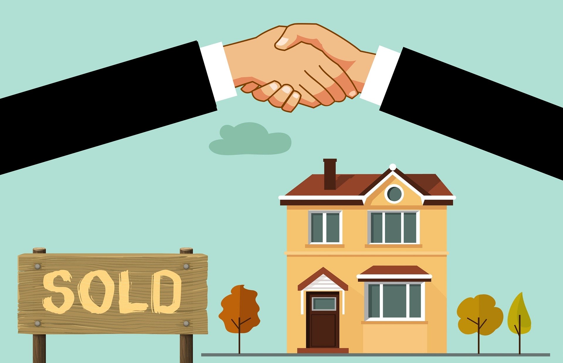Cartoon image of two hands shaking over a house with a sold sign in front of it.